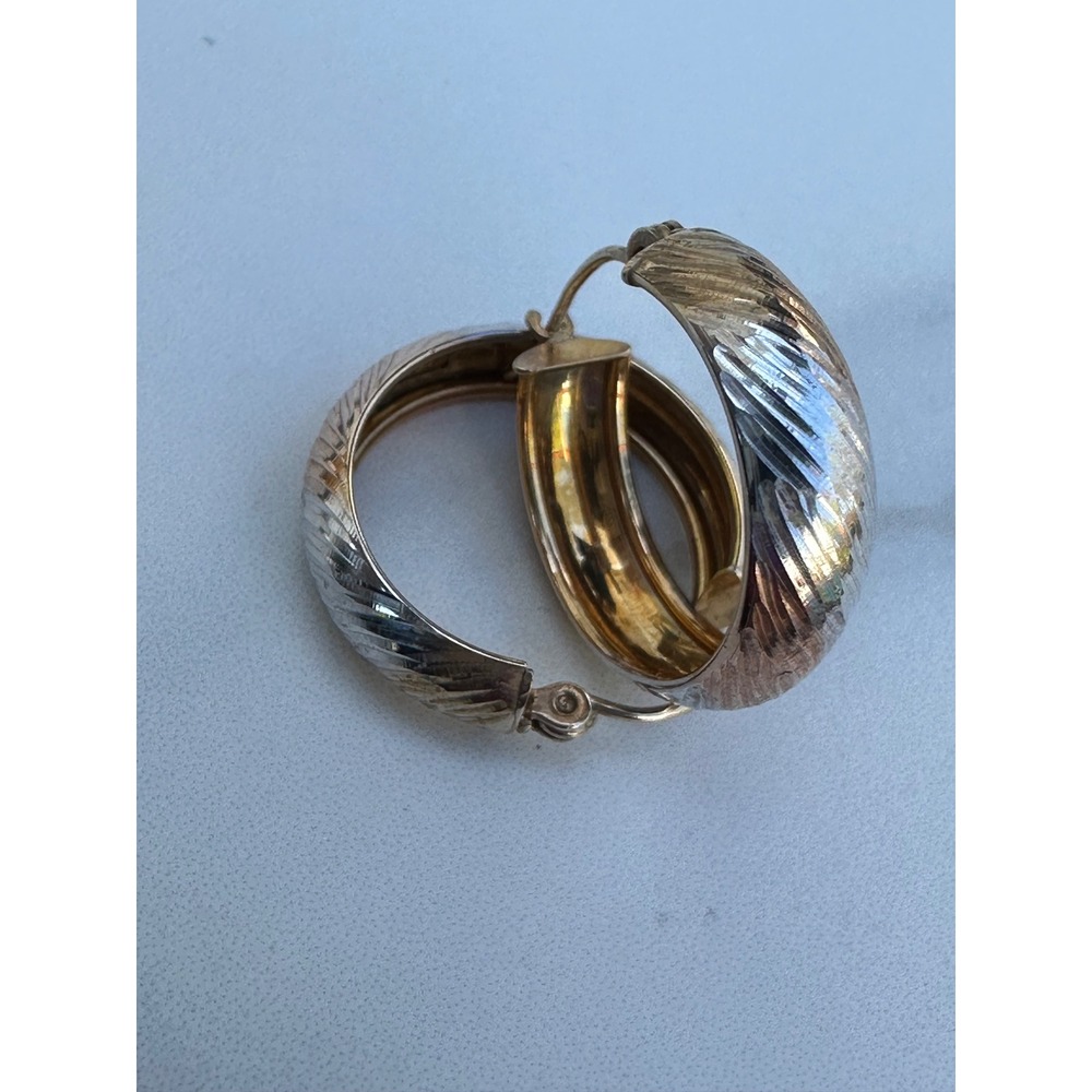 Gold Filled 925 Sterling Silver Textured Hoop Earrings Tri-Tone 10KGF